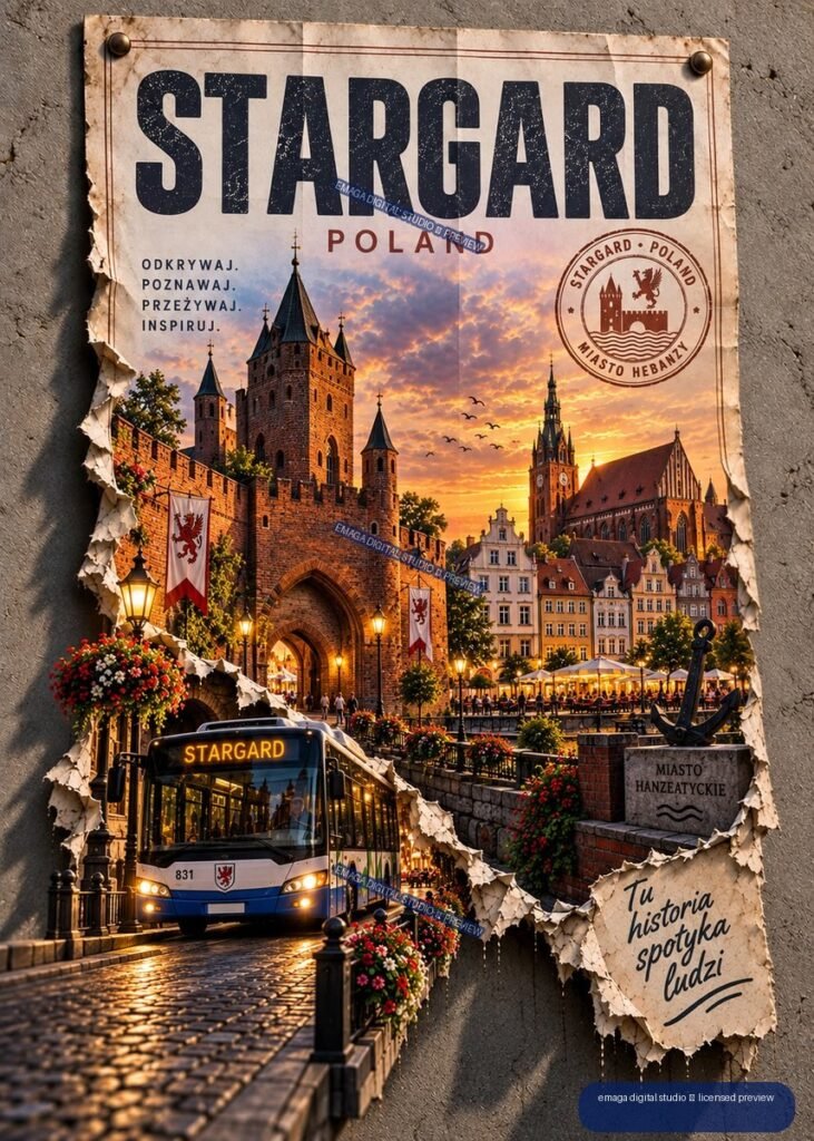 Vintage Stargard Poland travel poster with a brick gate, church towers, sunset, flowers, bus, and old-town buildings.