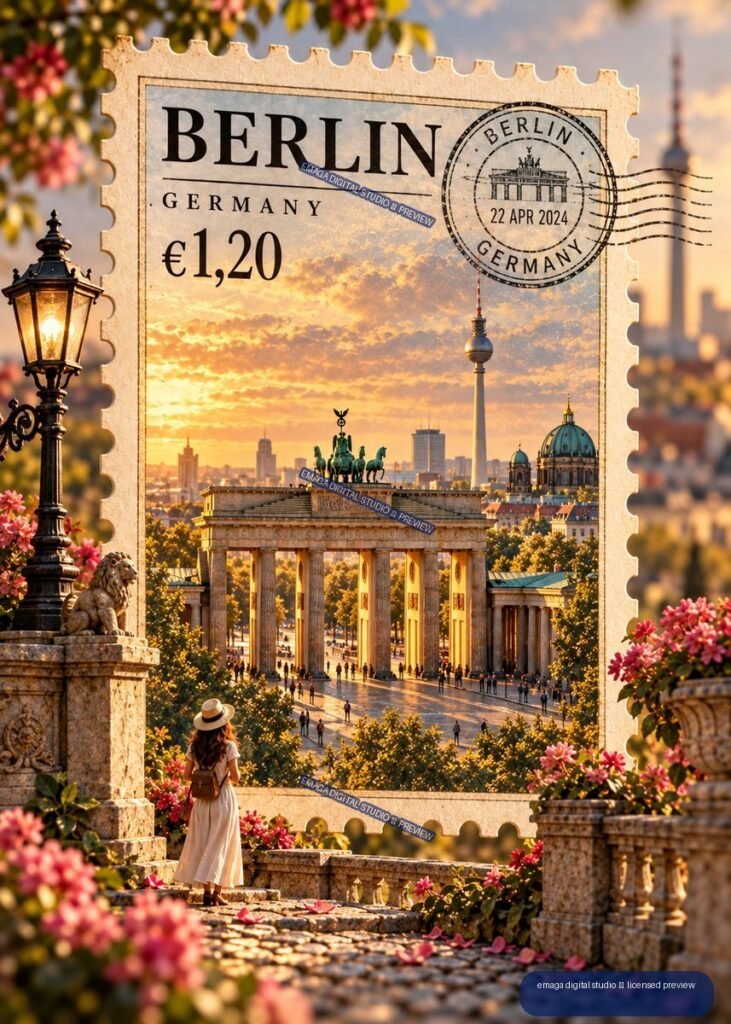 Decorative Berlin postage stamp showing the Brandenburg Gate, Berlin skyline, a dated postmark, flowers, and a woman in a hat.