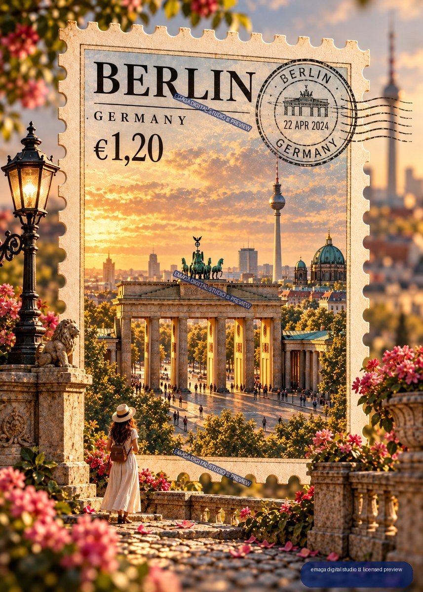 Decorative Berlin postage stamp showing the Brandenburg Gate, Berlin skyline, a dated postmark, flowers, and a woman in a hat.