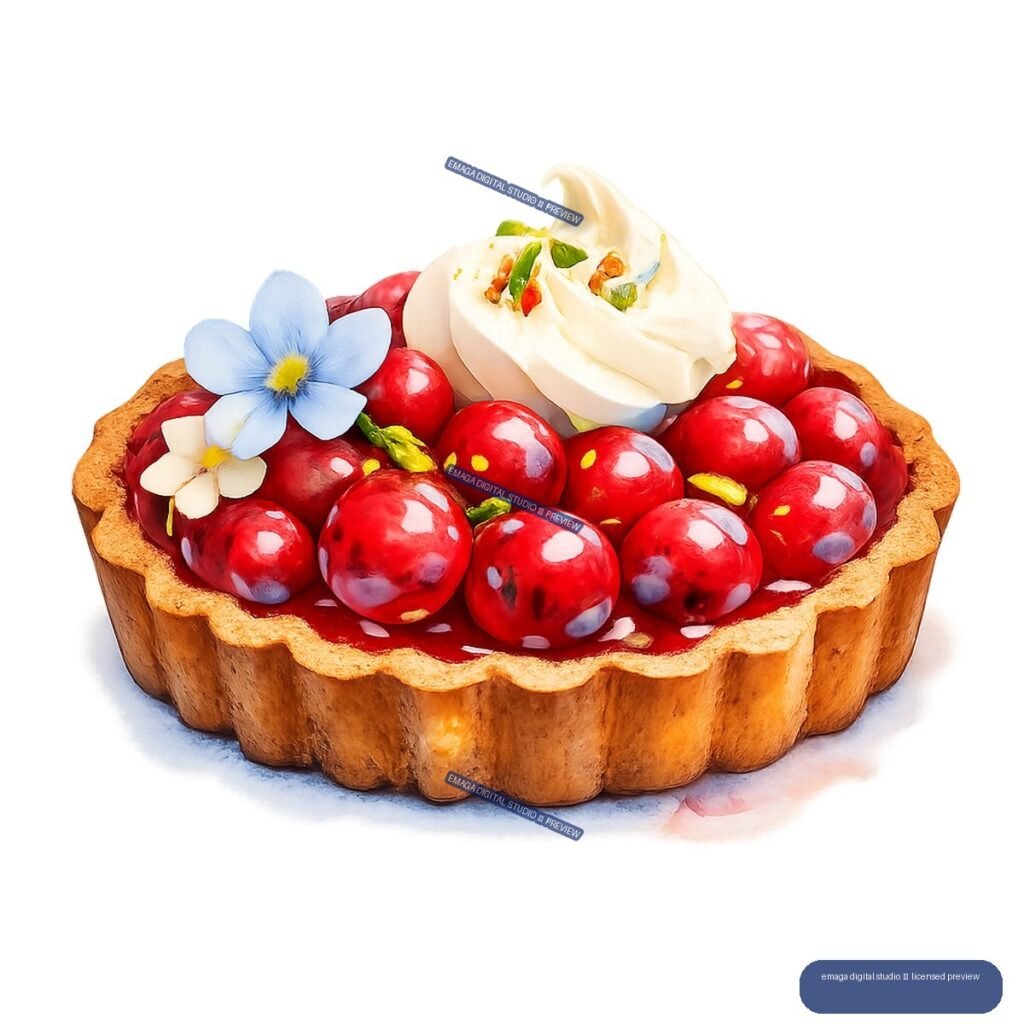 Watercolor-style illustration of a golden berry tart topped with cream and blue and cream flowers.