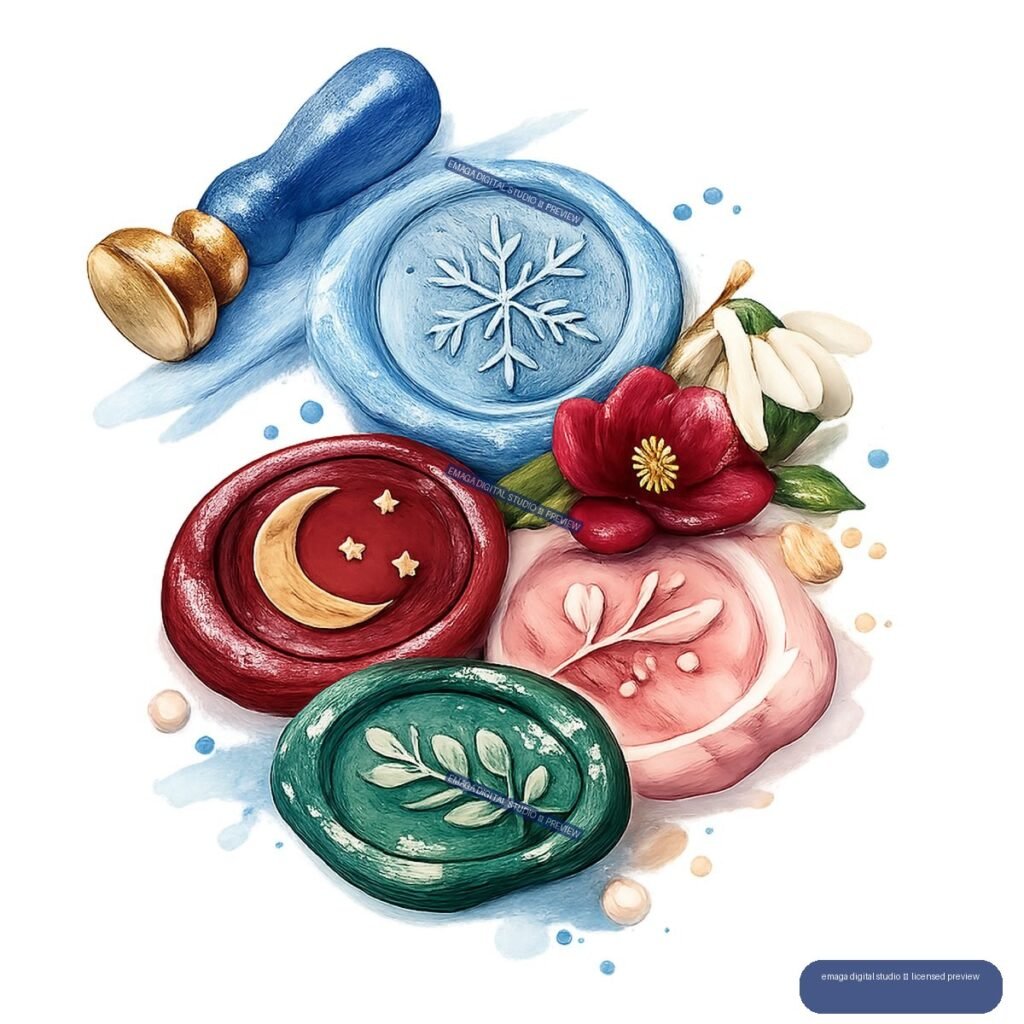 Colorful wax seals with snowflake, moon, star, and leaf motifs, a blue sealing stamp, and winter flowers.