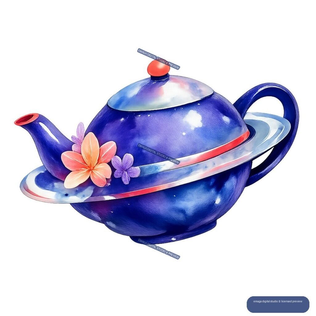 Blue teapot with flowers and a Saturn-like ring around it