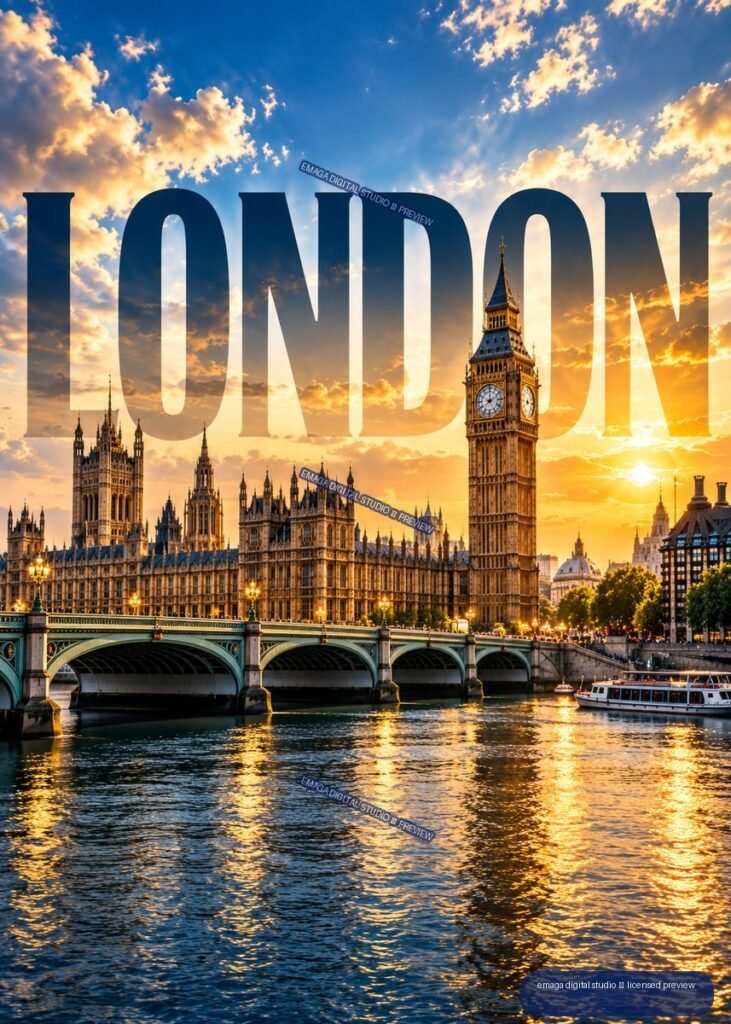 Sunset view of London’s Palace of Westminster and Big Ben from the River Thames, with Westminster Bridge, a boat, and large LONDON lettering in the sky.