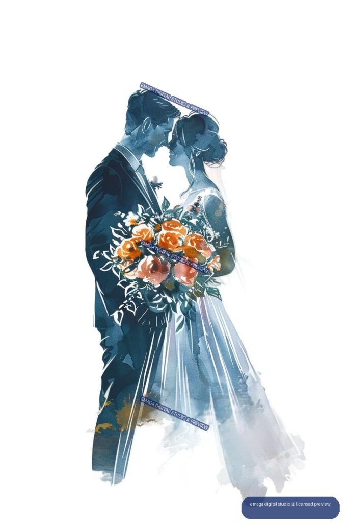 Watercolor illustration of a bride and groom touching foreheads while holding a large orange floral bouquet.