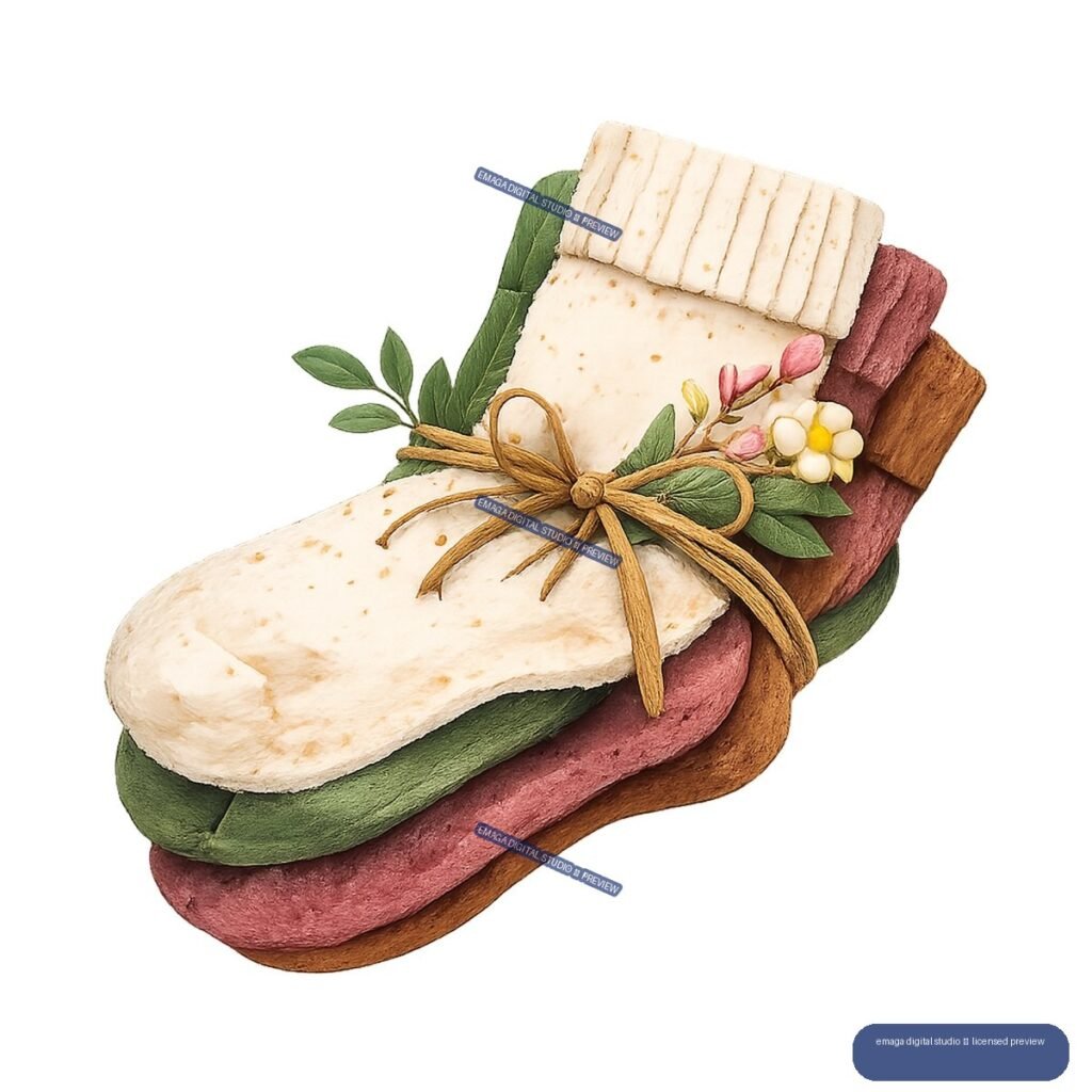 Illustrated stack of cream, green, pink, and brown folded textiles tied with twine and decorated with leaves and flowers.
