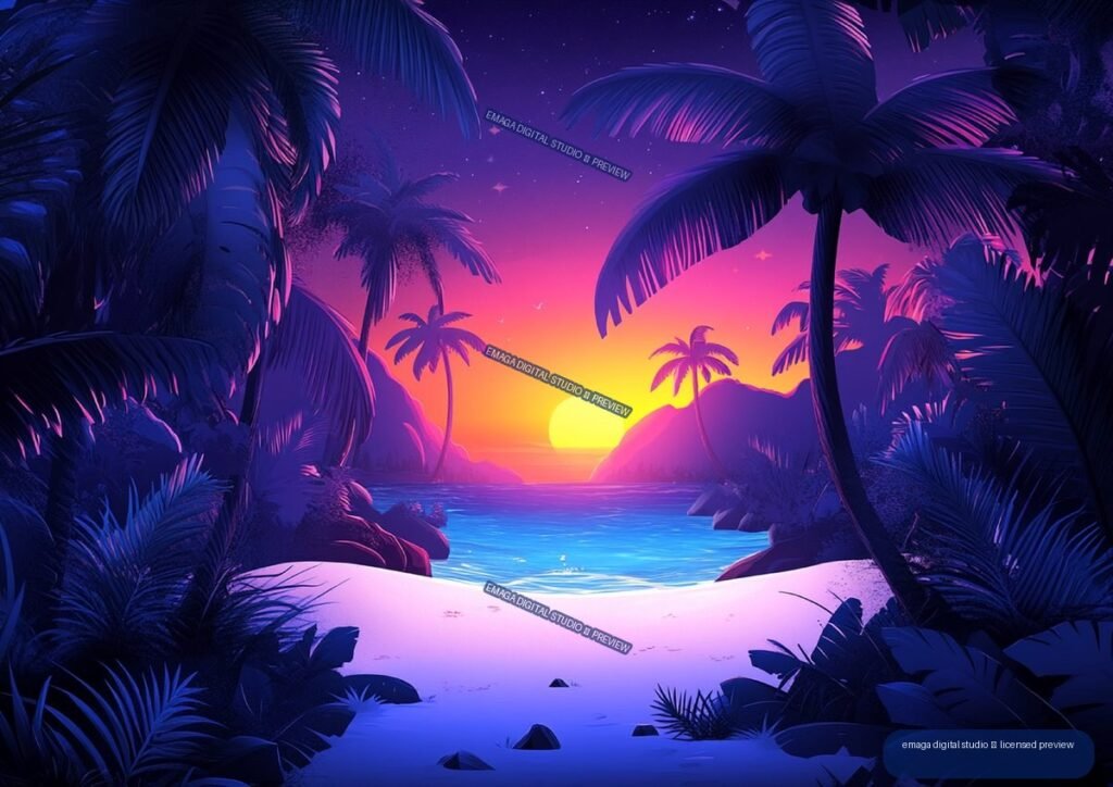 Stylized tropical beach with palm trees, calm ocean, island silhouettes, and a vivid sunset beneath a starry sky.