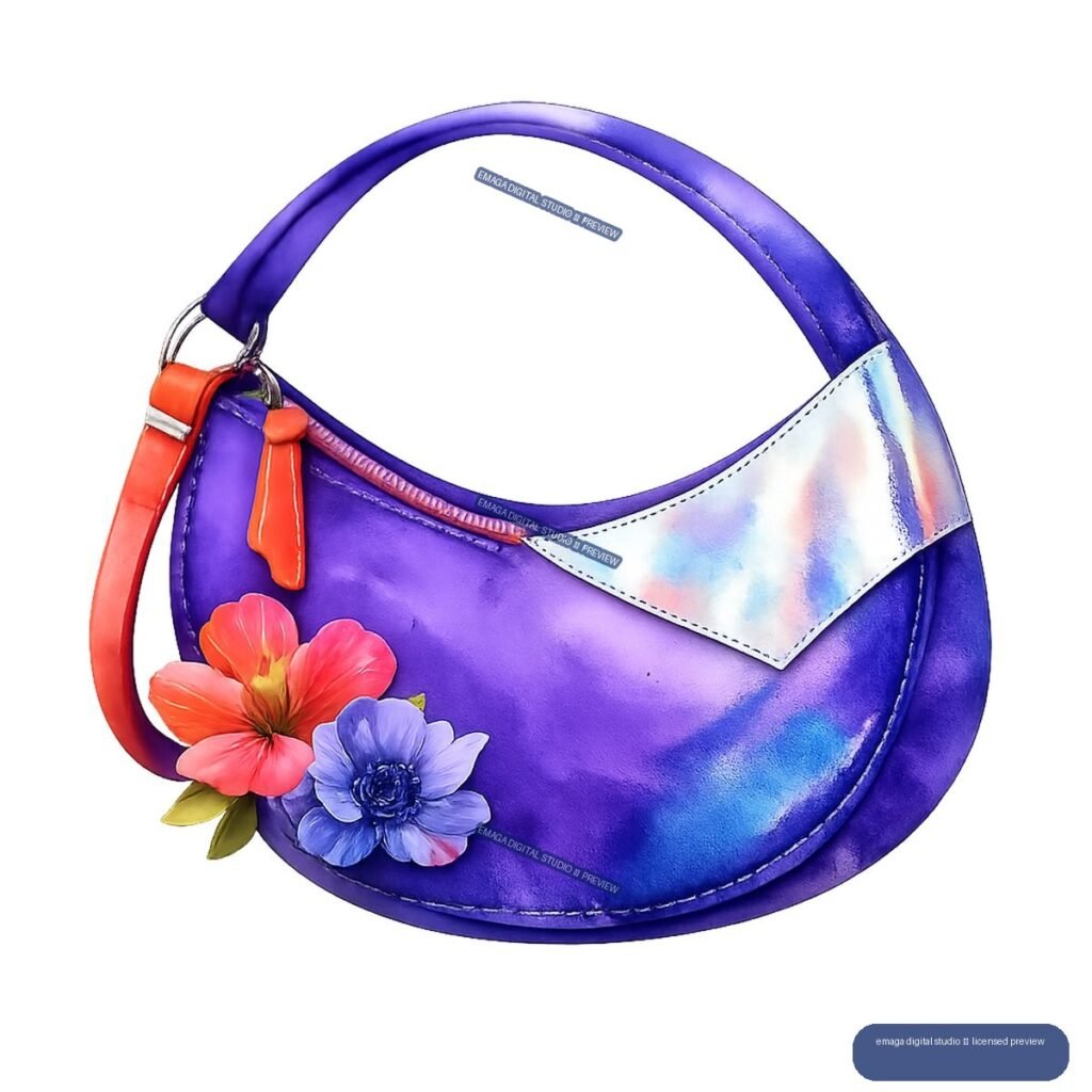 Violet handbag with an iridescent flap, red-orange accents, and coral and lavender flowers.