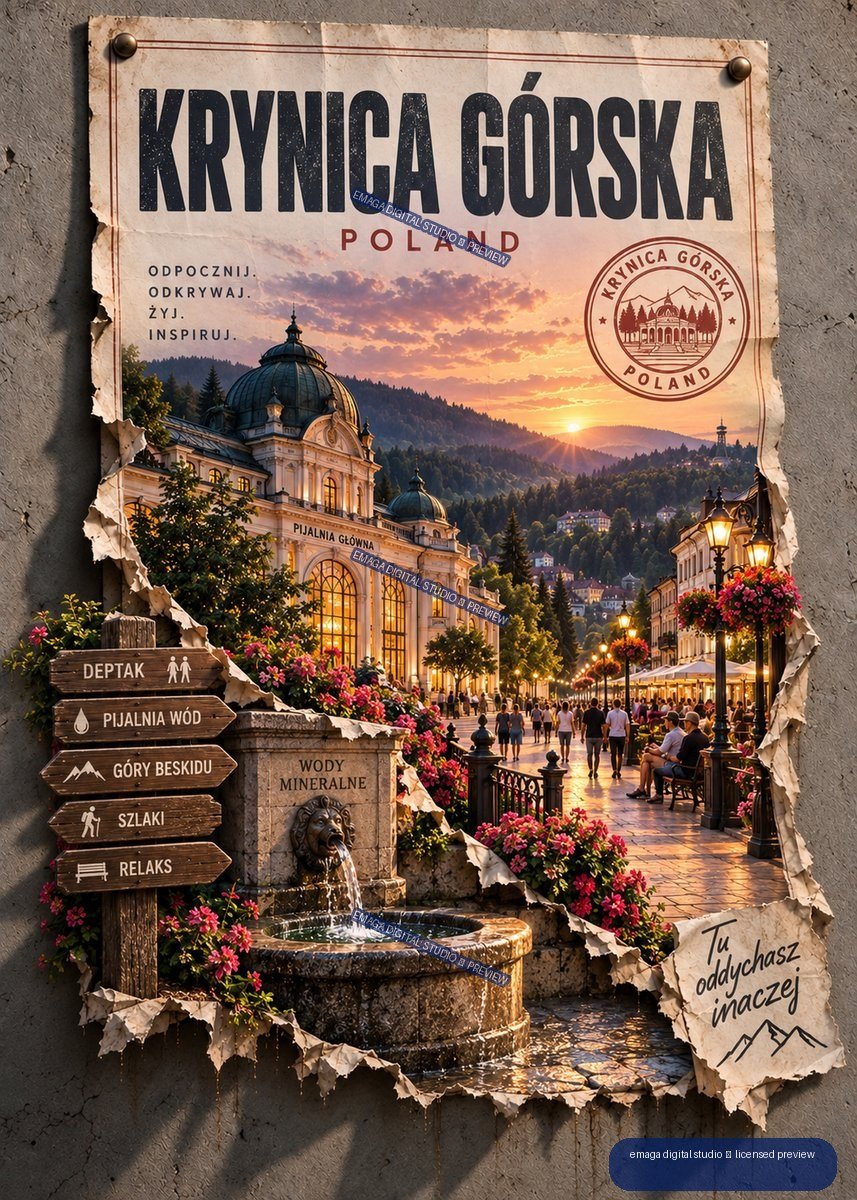 Vintage-style Krynica Górska Poland travel poster showing a mineral-water building, mountain sunset, flower-lined promenade, fountain, and directional signs.
