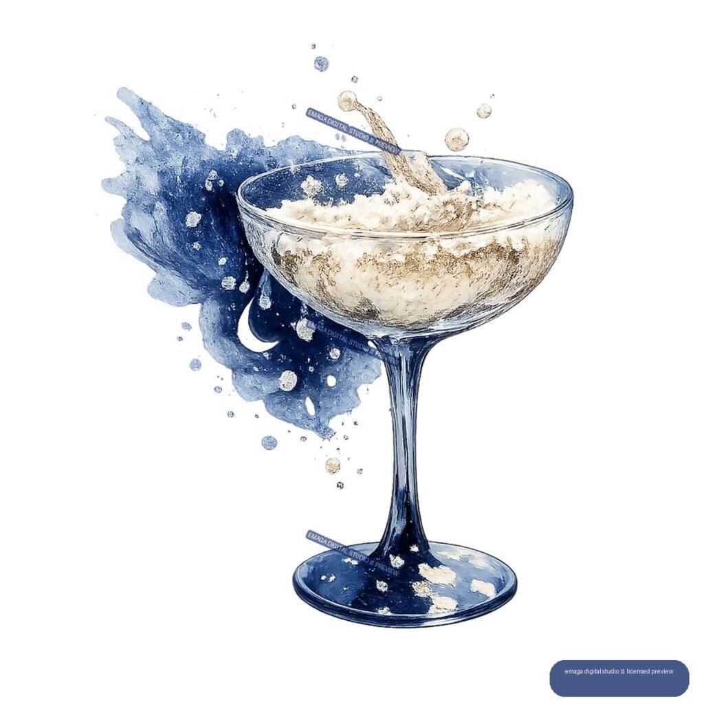 Blue and gold champagne coupe filled with foaming pale liquid, surrounded by a dramatic blue splash and scattered droplets.