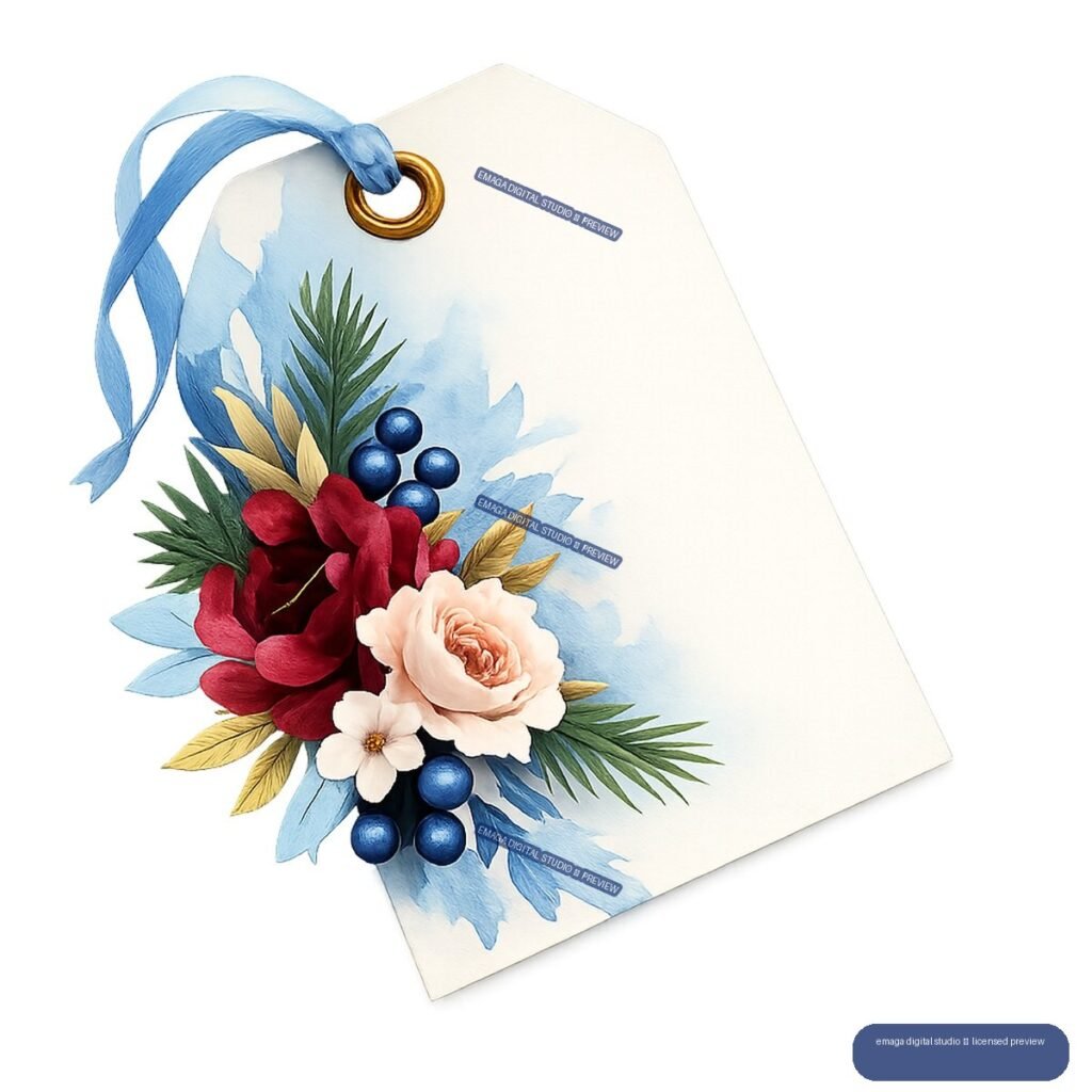 Angled cream gift tag with blue ribbon and colorful floral arrangement of red, pink, white, blue, gold, and green botanical elements.