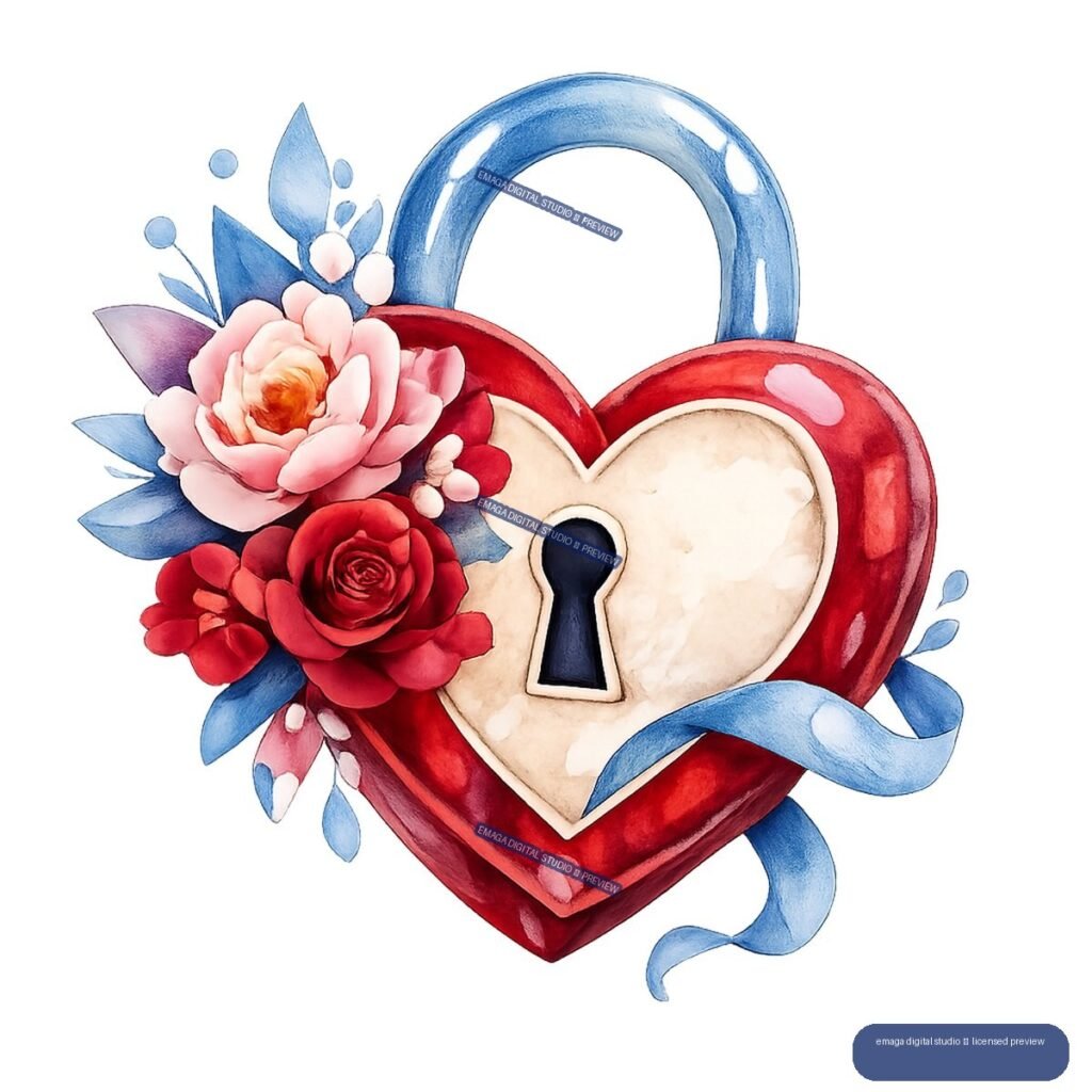 Watercolor illustration of a red heart-shaped locket decorated with pink and red roses, blue leaves, a blue arch, and a curling blue ribbon.