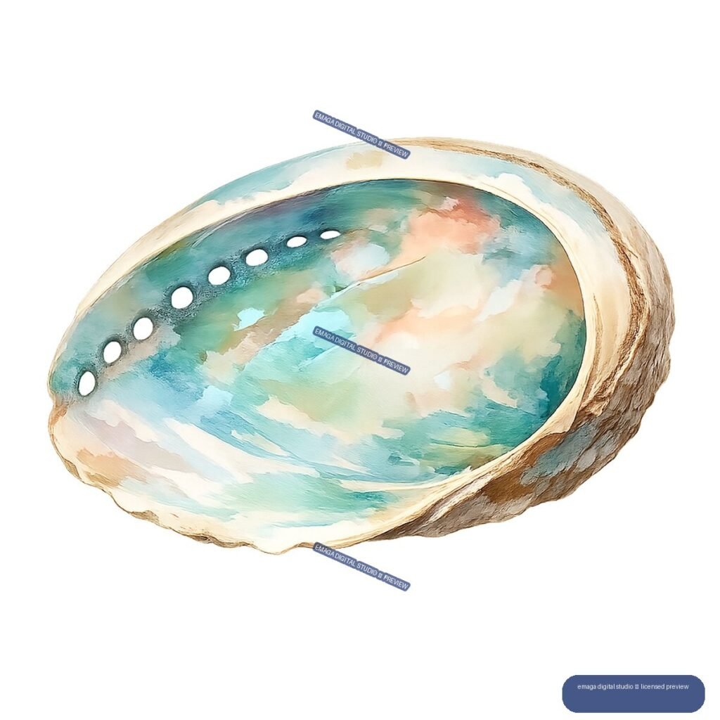 Watercolor illustration of an open abalone shell with turquoise, teal, cream, peach, and tan coloring and a row of white holes along its inner edge.