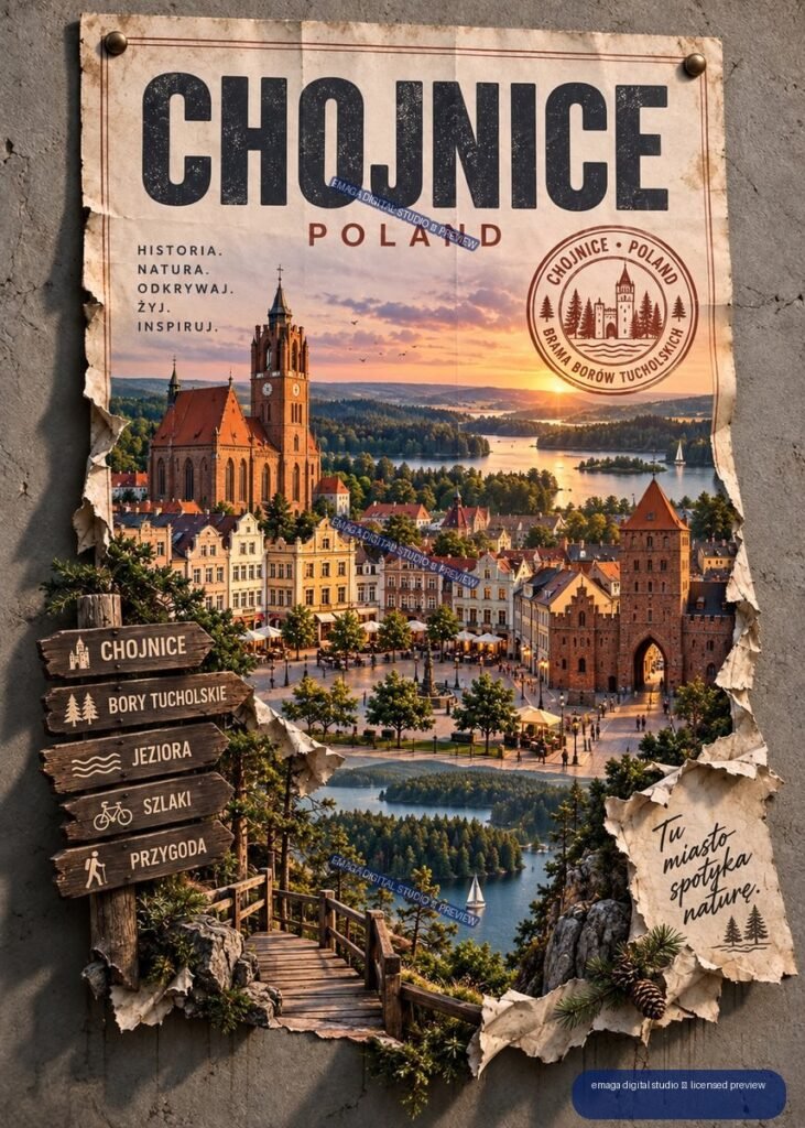 Vintage-style Chojnice, Poland travel poster showing a lakeside city, church towers, forest, boats, wooden trail signs, and distressed torn paper edges.