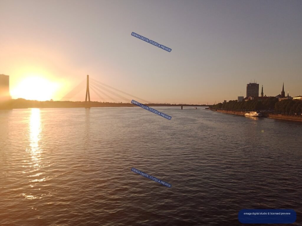 Sunset over the Daugava River and skyline in Riga, Latvia