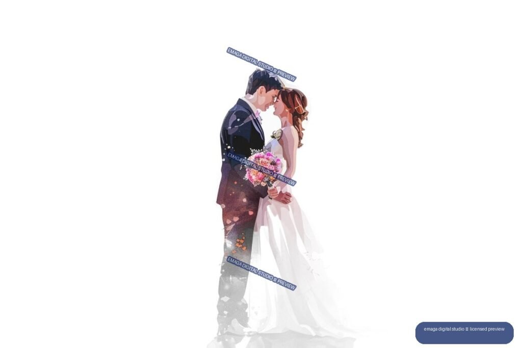 Watercolor illustration of a bride and groom touching foreheads, with the bride holding a colorful bouquet.