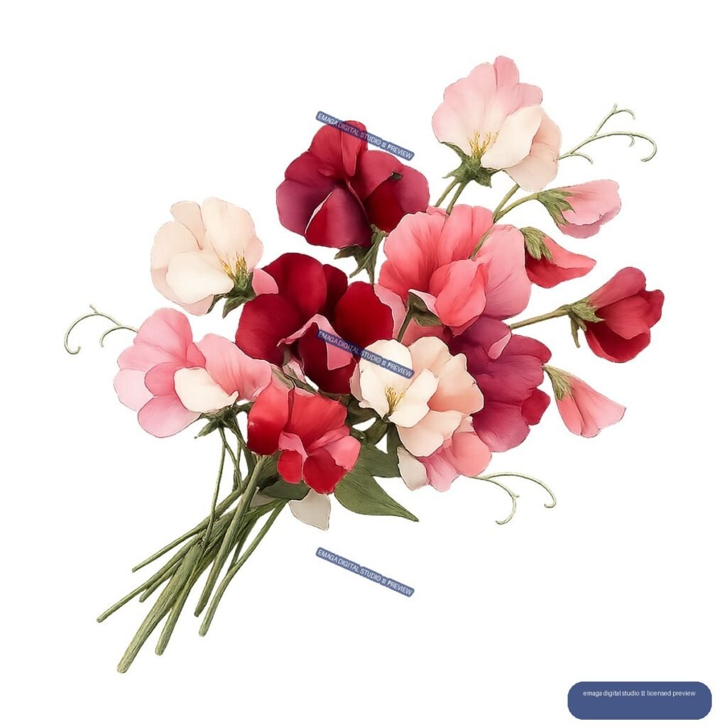 Botanical illustration of pink, cream, coral, and red sweet pea flowers with green stems, leaves, and curling tendrils.