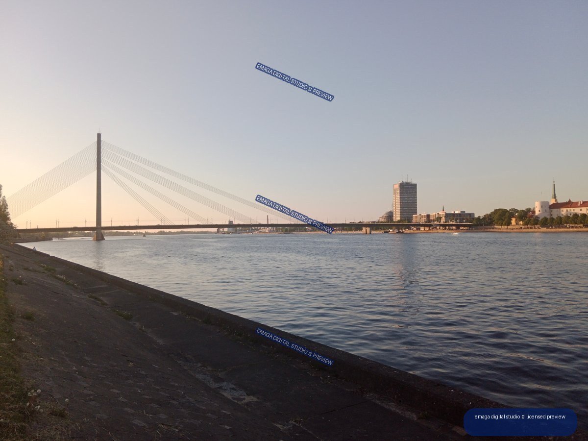Sunset over the Daugava River and Cable-Stayed Bridge in Riga, Latvia