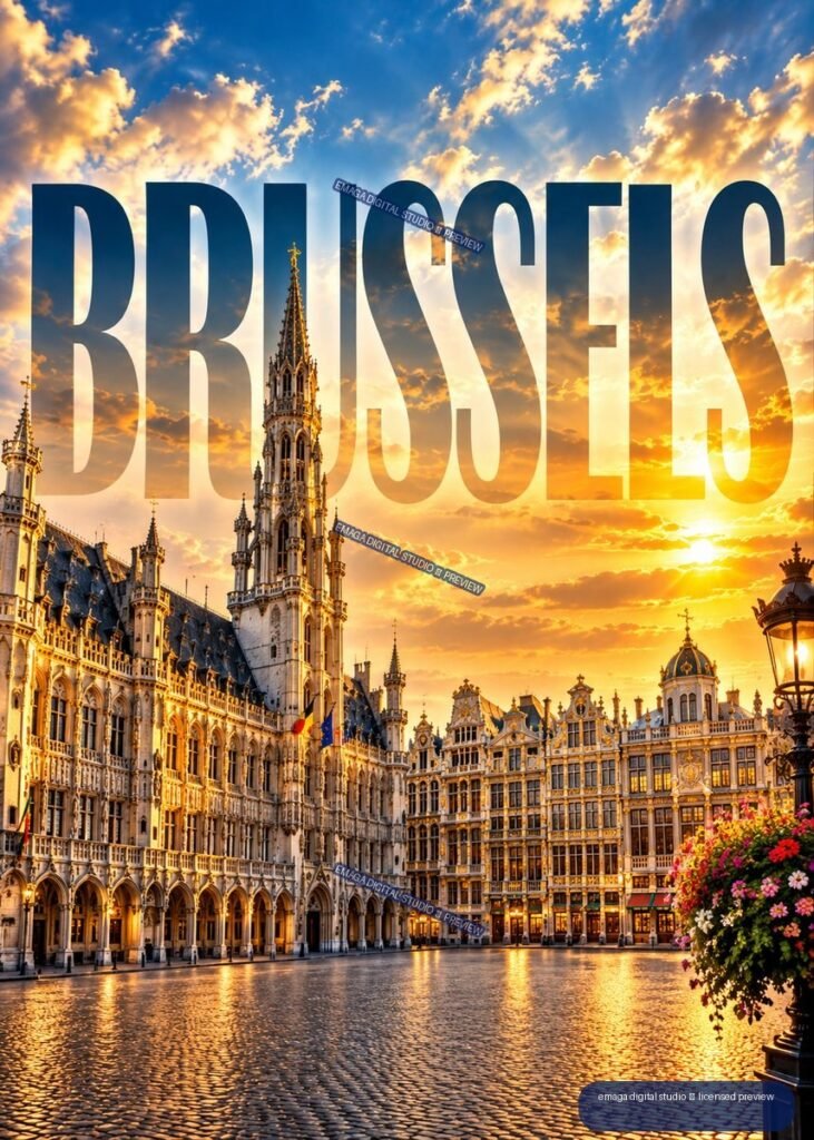 Sunset view of Brussels Grand Place with ornate historic buildings, a tall Gothic spire, cobblestones, flowers, and large translucent BRUSSELS lettering across the sky.