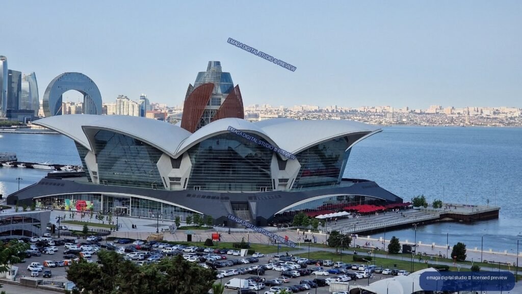 Waterfront cultural complex and skyline in Baku, Azerbaijan