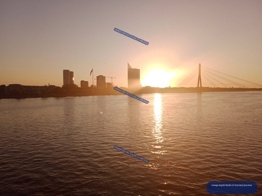 Sunset over the Daugava River skyline in Riga, Latvia