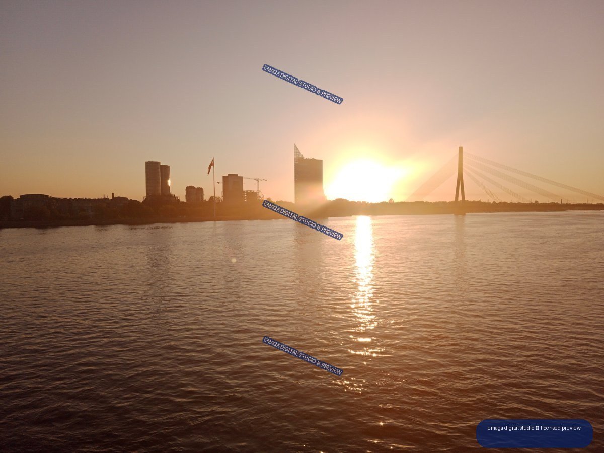 Sunset over the Daugava River skyline in Riga, Latvia