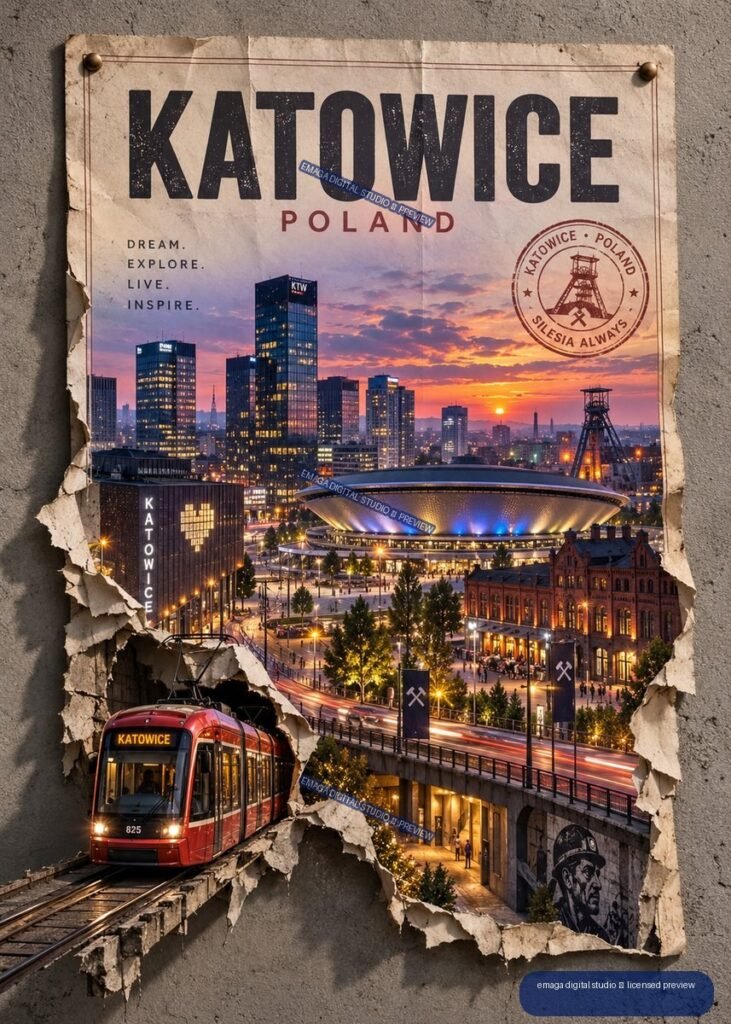 Travel poster for Katowice, Poland, showing a sunset skyline, venue, mining headframe, red tram, and distressed torn-wall effect.