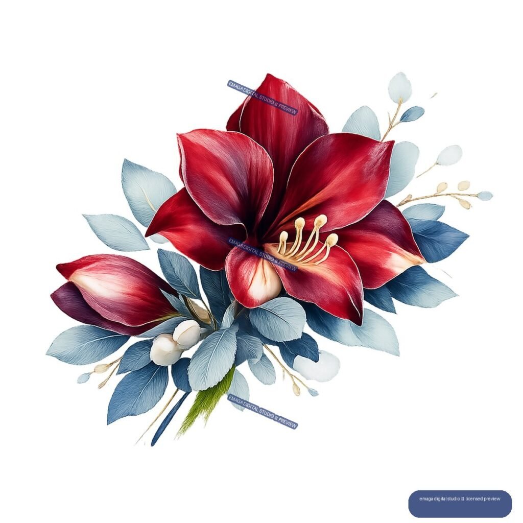 Burgundy magnolia-like flowers with cool blue leaves, white buds, and tan stems arranged as a botanical bouquet.