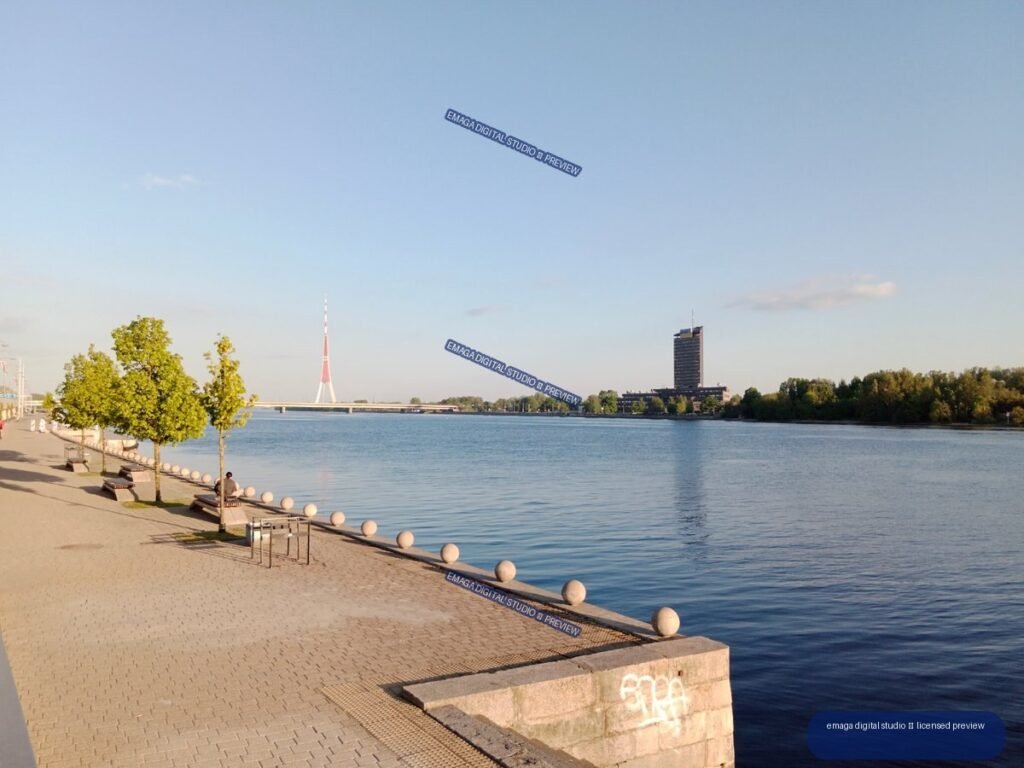 Riverside promenade and bridge view in Riga, Latvia