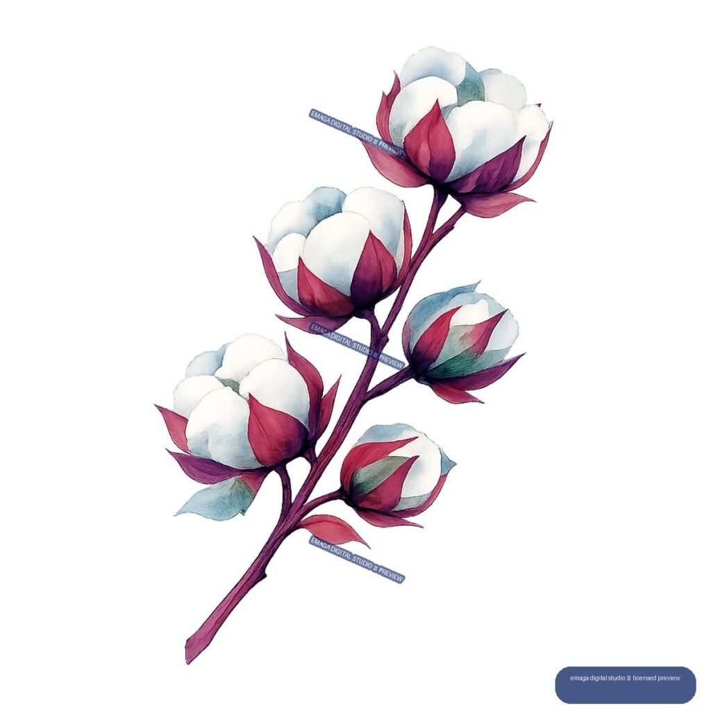 Watercolor illustration of a diagonal cotton branch with white, blue, burgundy, and teal bolls on a transparent background.