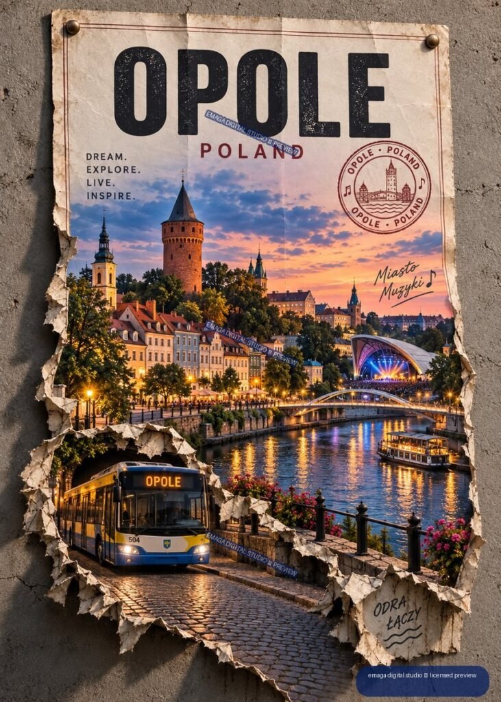 Weathered Opole, Poland travel poster showing a riverside city at sunset, historic towers, bridge, concert stage, boat, and bus.