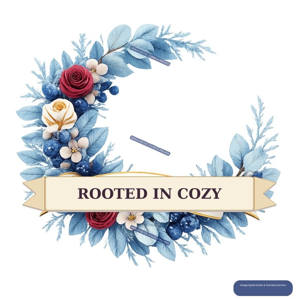 Blue botanical wreath with red and ivory roses, berries, and a cream banner reading “ROOTED IN COZY.”