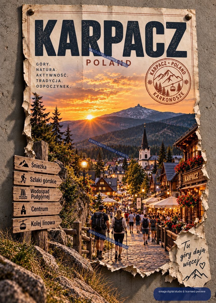 Vintage-style Karpacz Poland travel poster with a sunset mountain town, hikers, wooden trail signs, and bold typography.