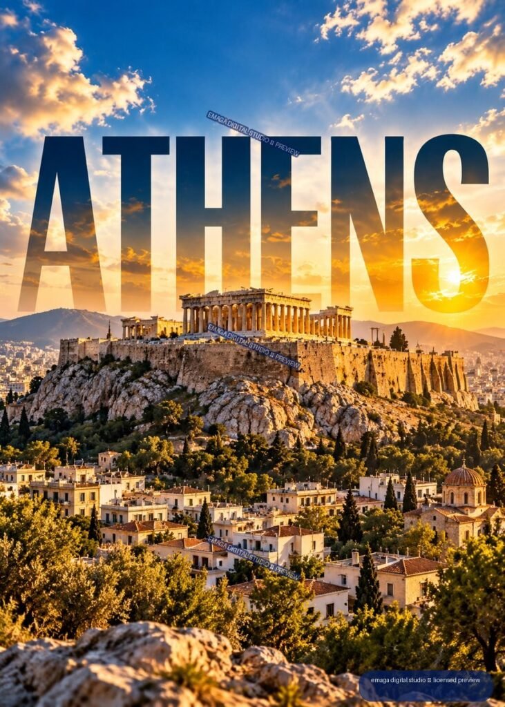 The Acropolis and Parthenon overlooking Athens at sunset, with large dark-blue ATHENS lettering across the sky.