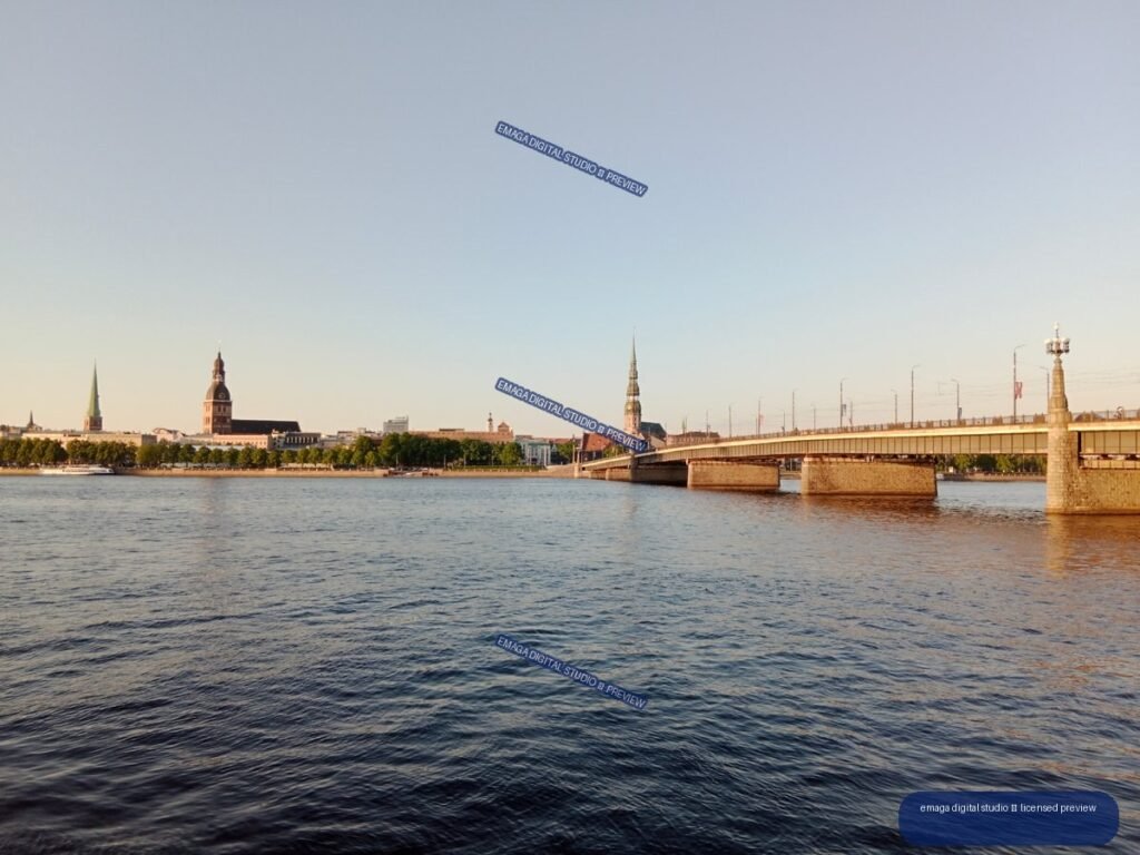 Riga, Latvia City Skyline and Bridge Over the Daugava River