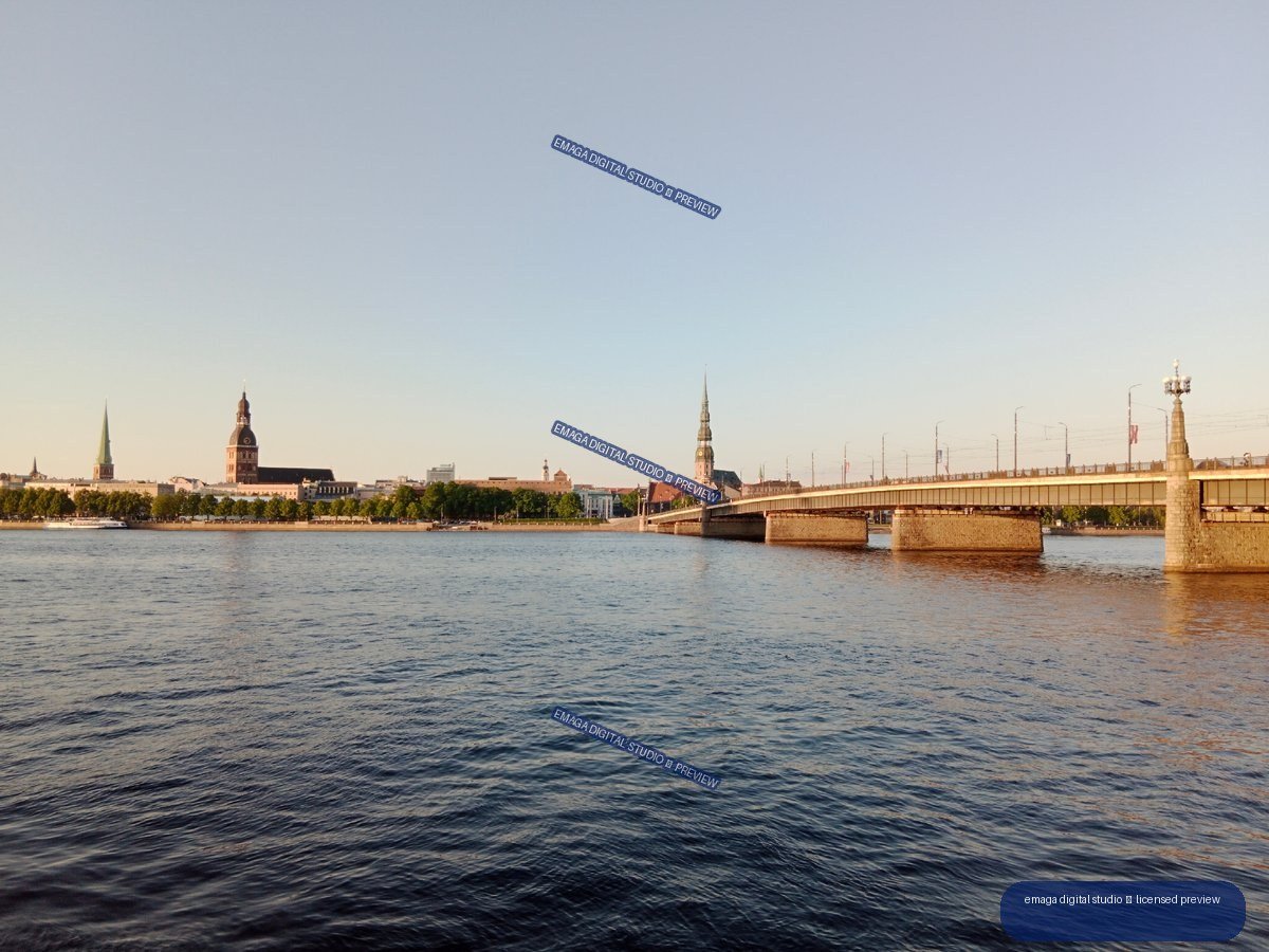 Riga, Latvia City Skyline and Bridge Over the Daugava River