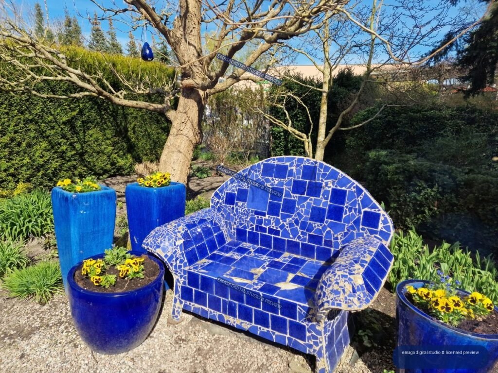 Blue Mosaic Garden Bench at Hortulus Gardens, Dobrzyca, Poland