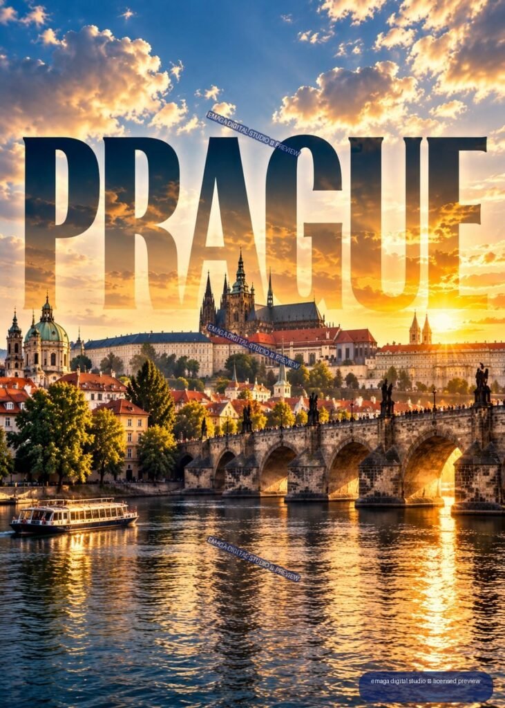 Vertical cityscape of Prague at sunset, showing Charles Bridge, Prague Castle, the Vltava River, a sightseeing boat, and large PRAGUE lettering in the sky.