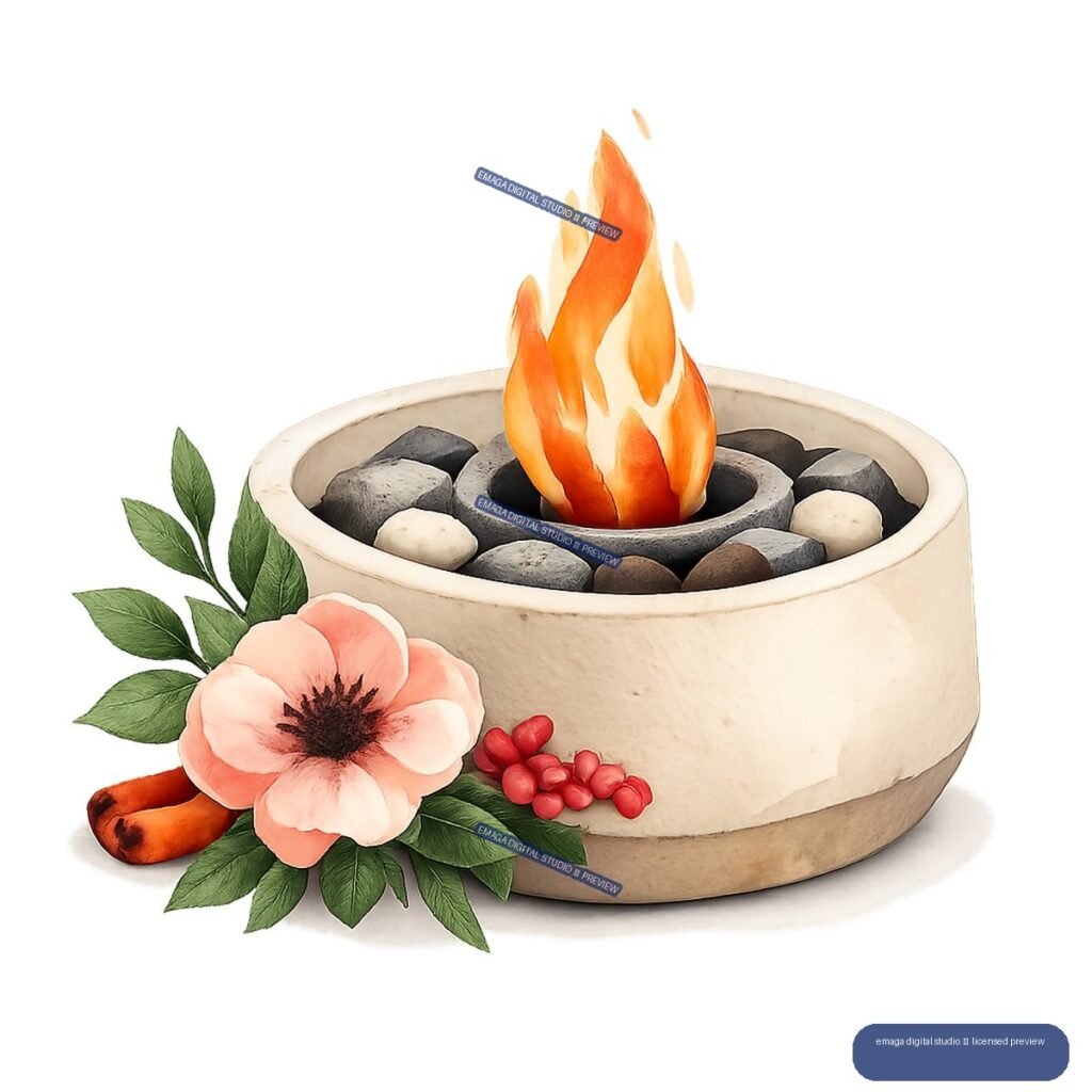 Watercolor-style illustration of a ceramic bowl with stones and a bright flame, decorated with a pink flower, leaves, berries, and an orange accent.
