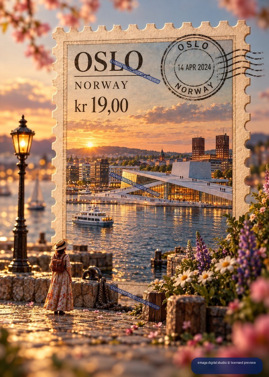 Decorative Oslo Norway postage stamp showing the waterfront Opera House at sunset, with a dated postmark, boat, flowers, and a figure by the quay.