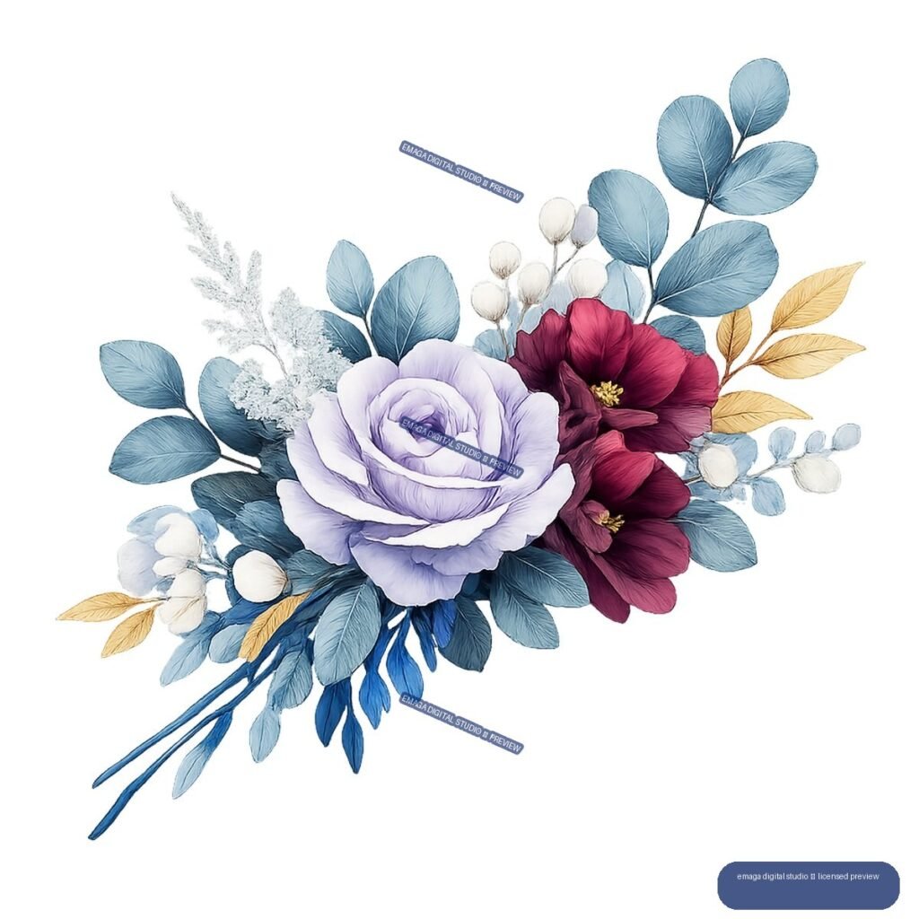 Watercolor-style bouquet with a pale lavender rose, burgundy flowers, blue foliage, white berries, and golden leaves.