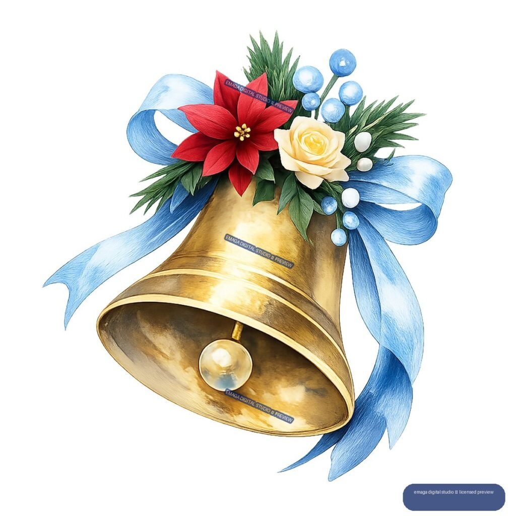 Golden Christmas bell decorated with a red poinsettia, cream rose, evergreen sprigs, blue berries, and flowing blue ribbons.