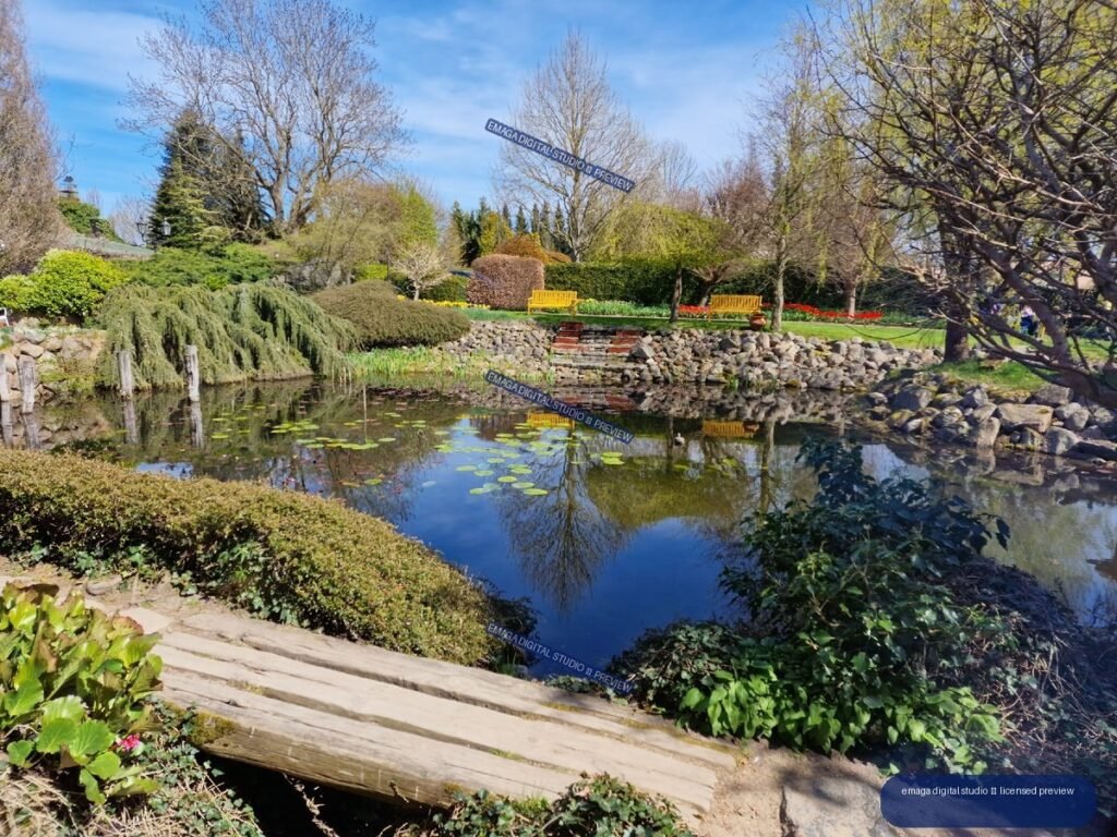 Pond and Landscaped Garden at Hortulus Gardens, Dobrzyca, Poland