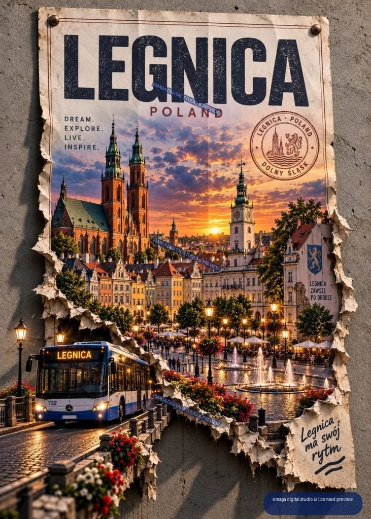 Vintage-style Legnica Poland travel poster showing a sunset cityscape, church towers, fountain square, flowers, and a blue city bus.