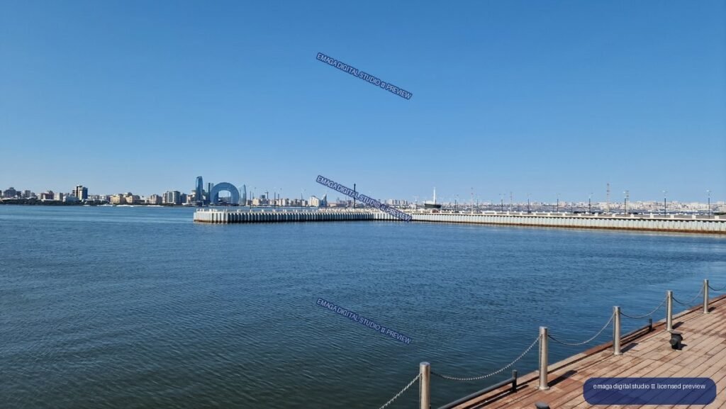 Baku, Azerbaijan Waterfront and City Skyline Across the Bay