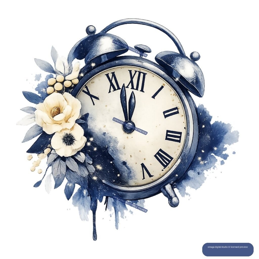 Watercolor-style vintage alarm clock showing nearly midnight, surrounded by cream flowers, blue leaves, paint splashes, and star-like accents.