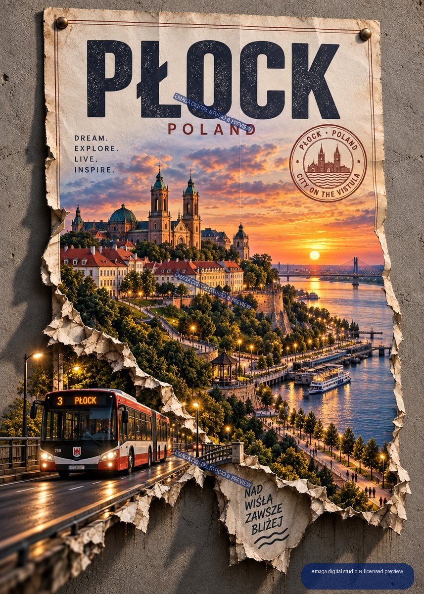 Vintage-style Płock Poland travel poster showing a sunset riverside city, church towers, bridge, boat, and red route 3 bus.