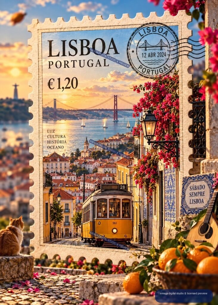 Decorative Lisboa Portugal stamp with yellow tram, waterfront bridge, bougainvillea, cat, oranges, and guitar.