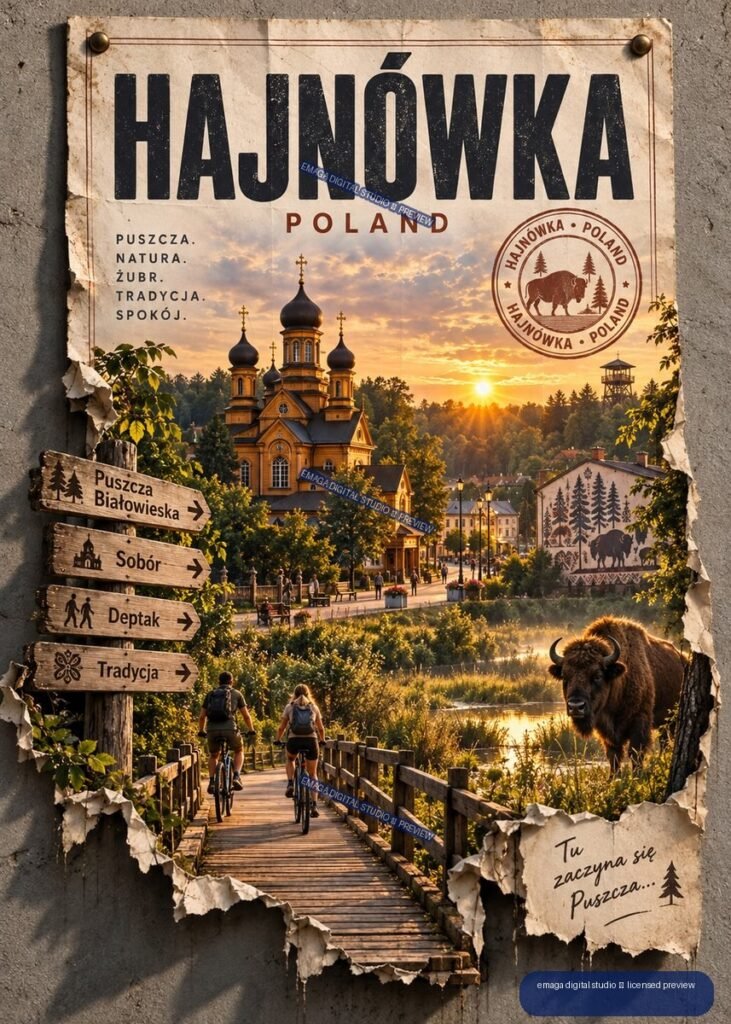 Vintage-style Hajnówka Poland travel poster showing a church, sunset forest, cyclists, wooden signs, and a European bison.