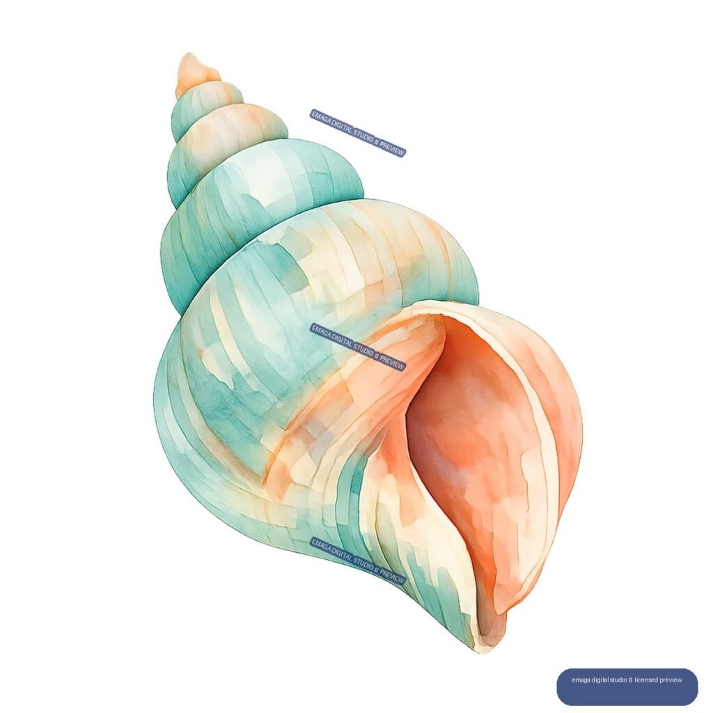 Watercolor illustration of a large spiral seashell in turquoise, cream, peach, and coral tones, shown diagonally with its opening facing lower right.