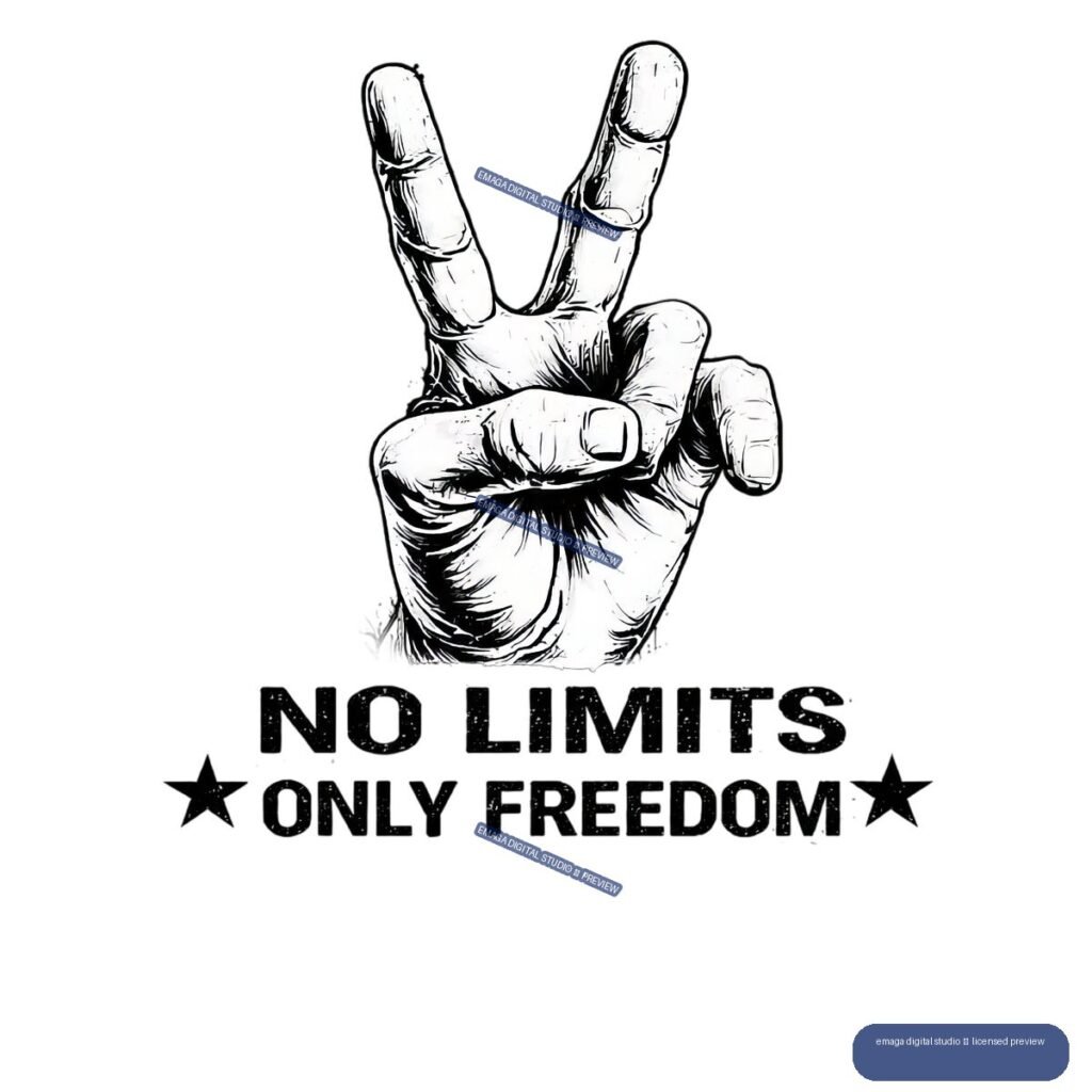 Black-and-white illustration of a raised hand with two fingers extended above the words “NO LIMITS ONLY FREEDOM,” with stars on both sides.